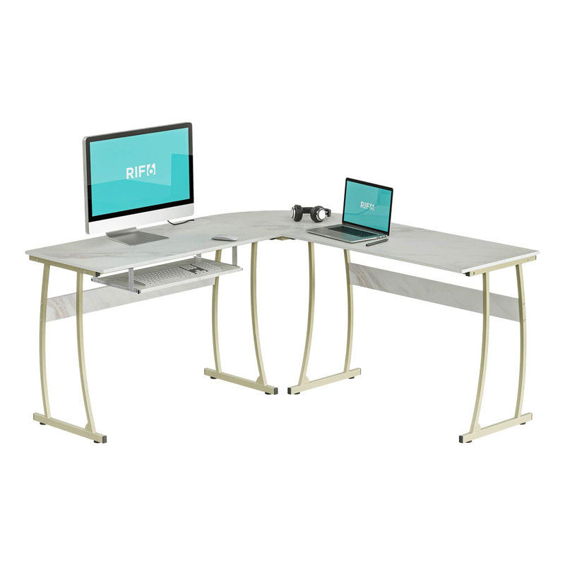 RIF6 L Shaped Modern Computer Office Desk w/ Keyboard Tray, Easy Assembly, White/Gold