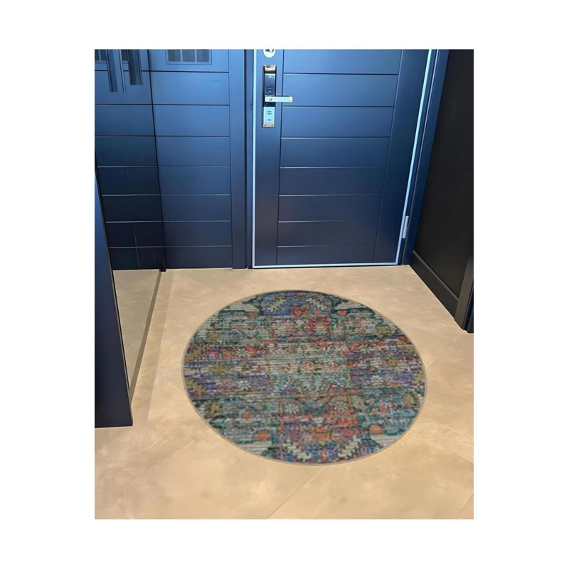 Multicolored Traditional Motif Patterned Round Woven Base Vintage Decorative Carpet, Round 5'
