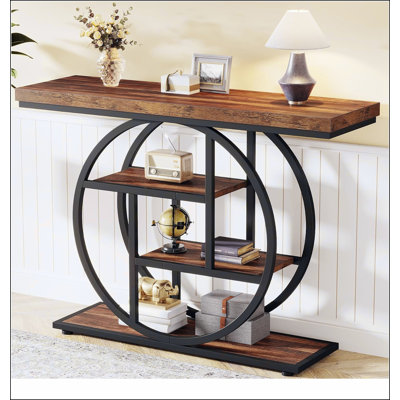Console industrielle de 41,3 po, canapé brun rustique à 4 niveaux avec cadre en métal circulaire unique et tablettes de rangement, table d'appoint étroite pour le salon