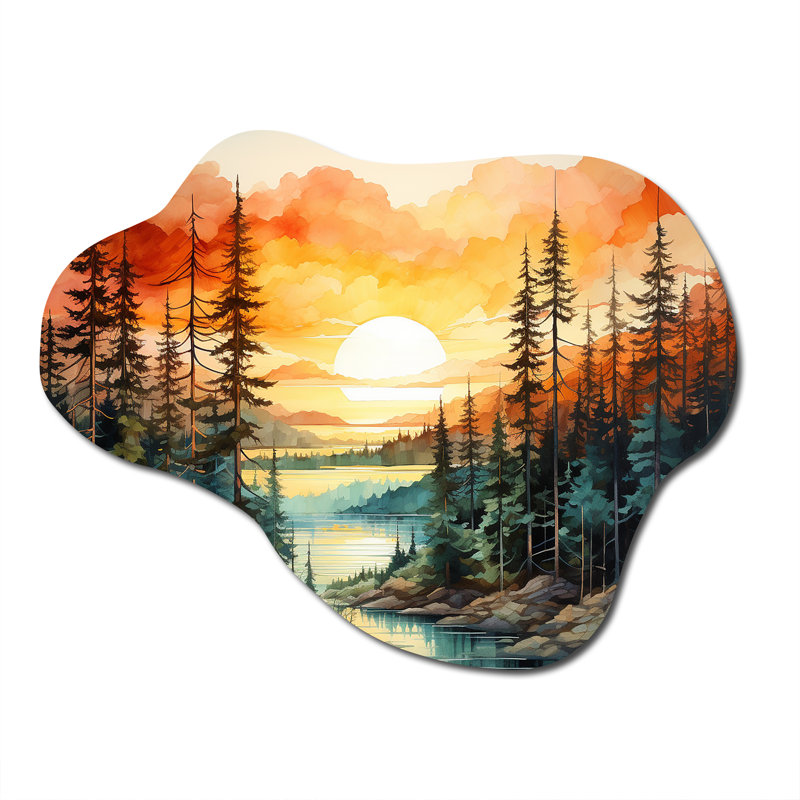 «Pine Tree Sunset Glow II», art mural pin asymétrique en métal, sculpture murale en métal, H 27 po x l 35 po