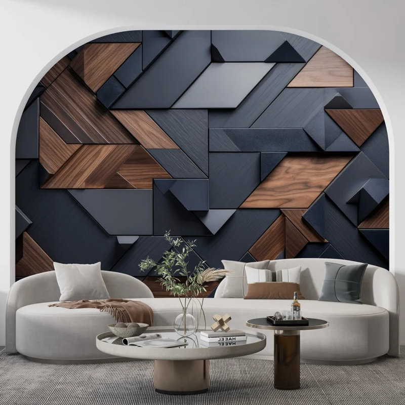 Modern Dark Wood 3D Geometric Panel Wall Mural Design, 108" L x 96" W