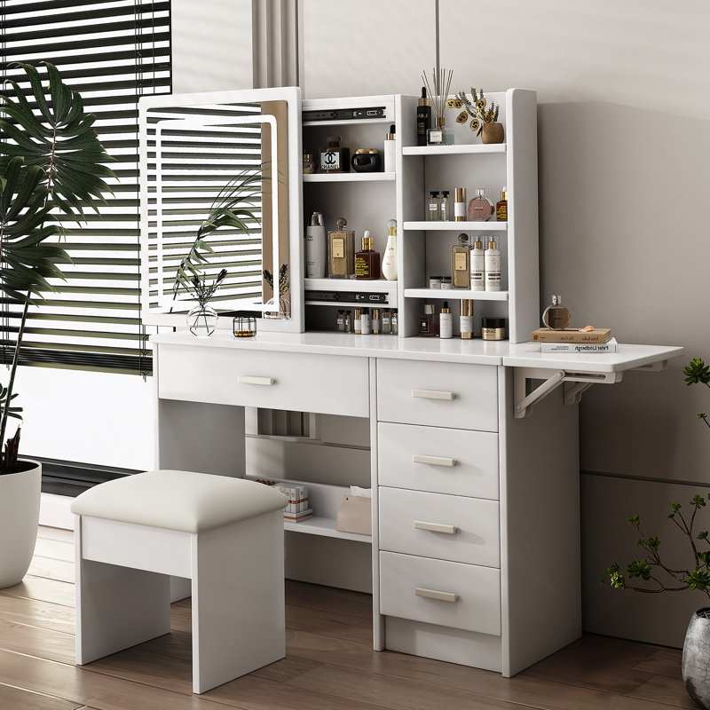 Bureau de coiffeuse Fashion avec miroir et lumières pour le maquillage avec tablettes ouvertes et chaise, miroir de coiffeuse