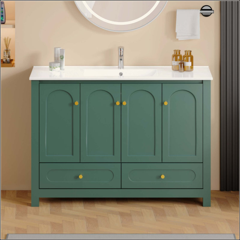 Meuble-lavabo pour salle de bain avec lavabo en résine, armoire de rangement abondante - 4 portes à fermeture douce et 2 tiroirs