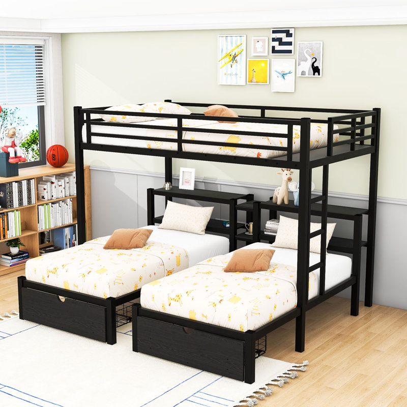2 Drawers Metal Full XL Over Twin & Twin Triple Bunk Bed With Shelves And Charging Station