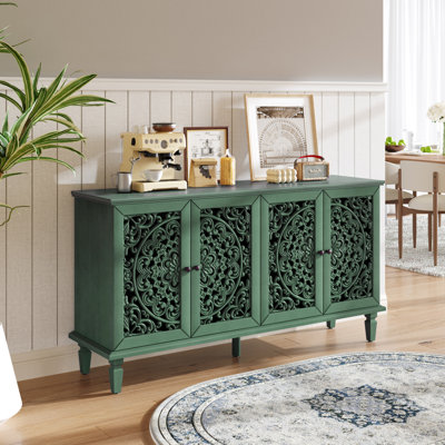 60" Antique Buffet Cabinet With Floral Carvings With Solid Wood Legs&Antique Brass Handles&Adjustable Shelves
