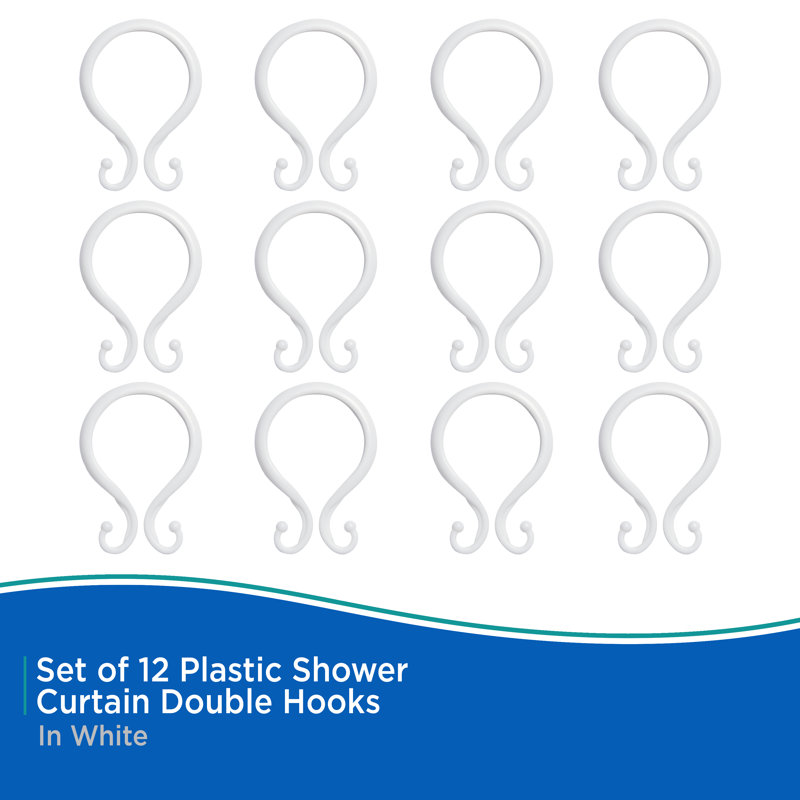 Kenney Rust-Proof Plastic Shower Curtain Double Hooks, White