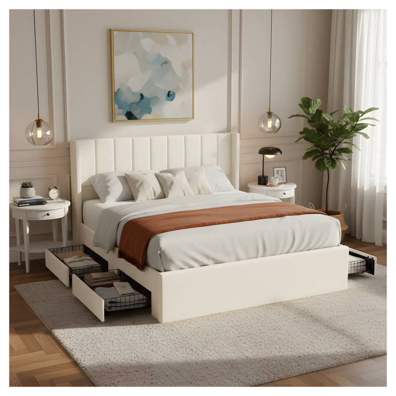 Queen Upholstered Storage Bed with 4 Drawers, Beige Chenille Fabric Platform Bed Frame, Queen