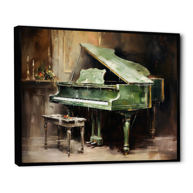 «Green Piano Impressionist», instrument sur toile, Cadre flottant noir, H 24 po x l 32 po