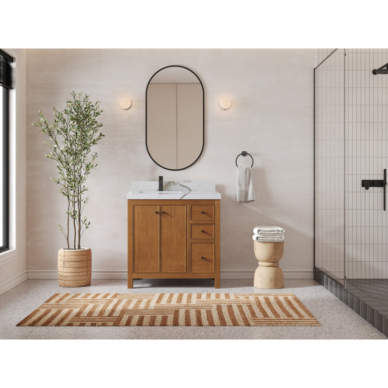 Meuble-lavabo simple 36 po avec plateau Chicago Teak, Or Calacatta