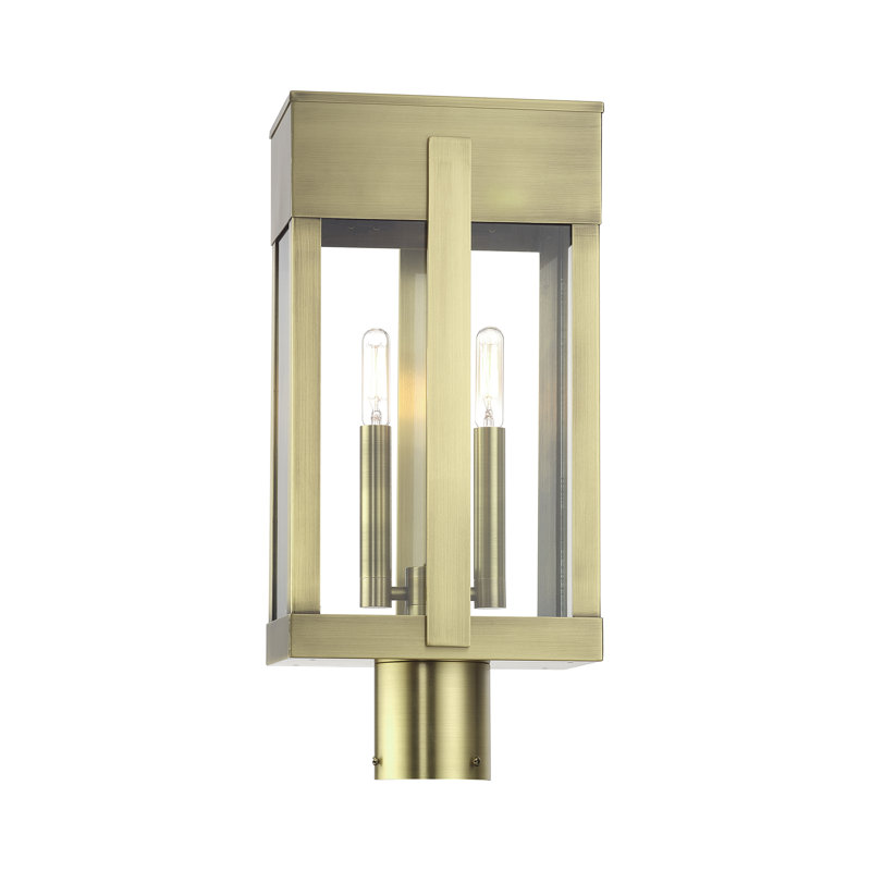2 Light Black Large Outdoor Post Top Lantern With Brushed Nickel Candles And Clear Glass, Antique Brass