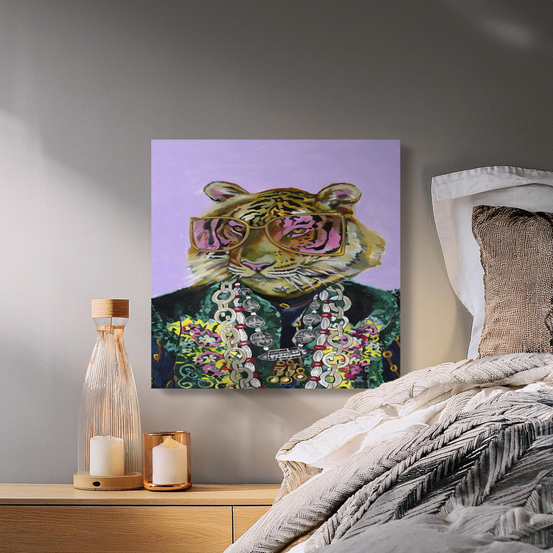 Fashionable Tiger Canvas Wall Art, Cool Animal Portrait with Sunglasses, Vibrant Eclectic Pop Art Home Decor Print