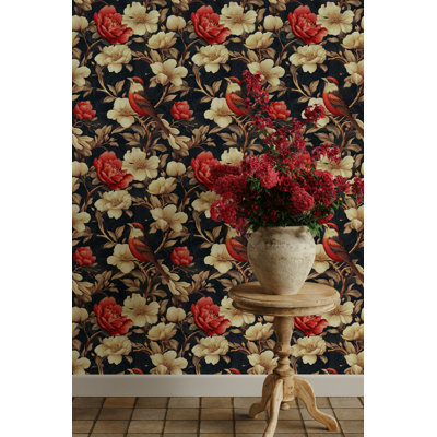Papier peint oiseau dramatique floral | Murale rouge pelez et collez