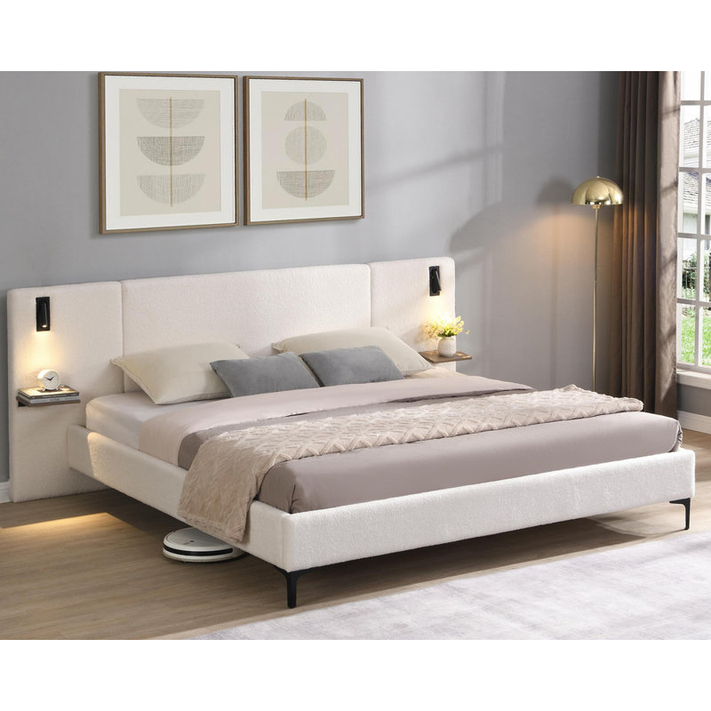 Lumières et tablettes intégrées, très grand lit tapissier Boucle, Blanc, Très grand lit