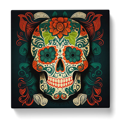 Sugar Skull Retro Art - Wrapped Canvas
