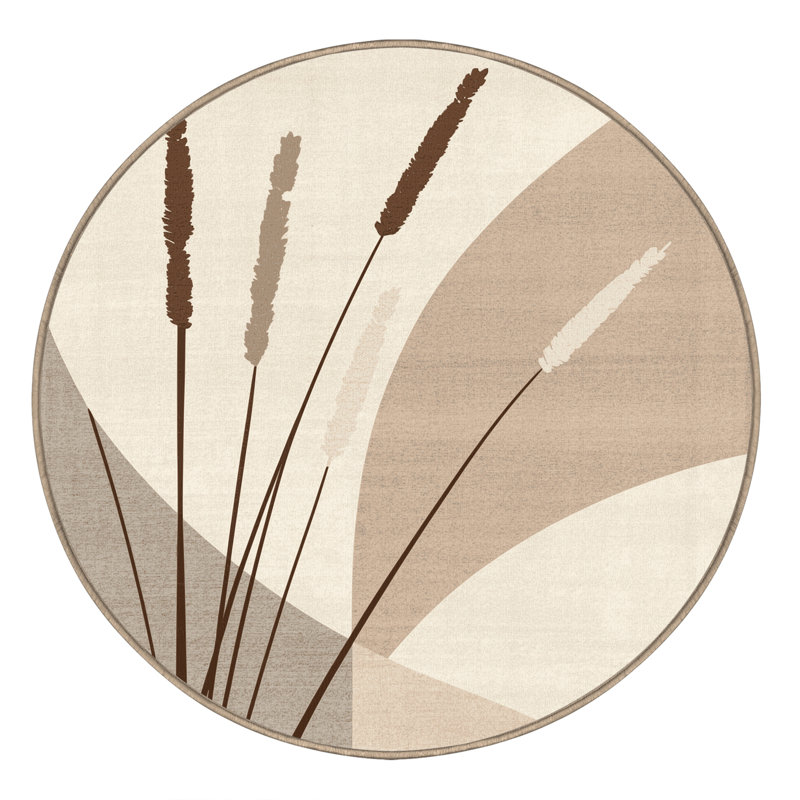 Machine Washable Orlandra Reed Grass Minimalist Solid Color Rug in Beige – Beige Binding, 5' Round