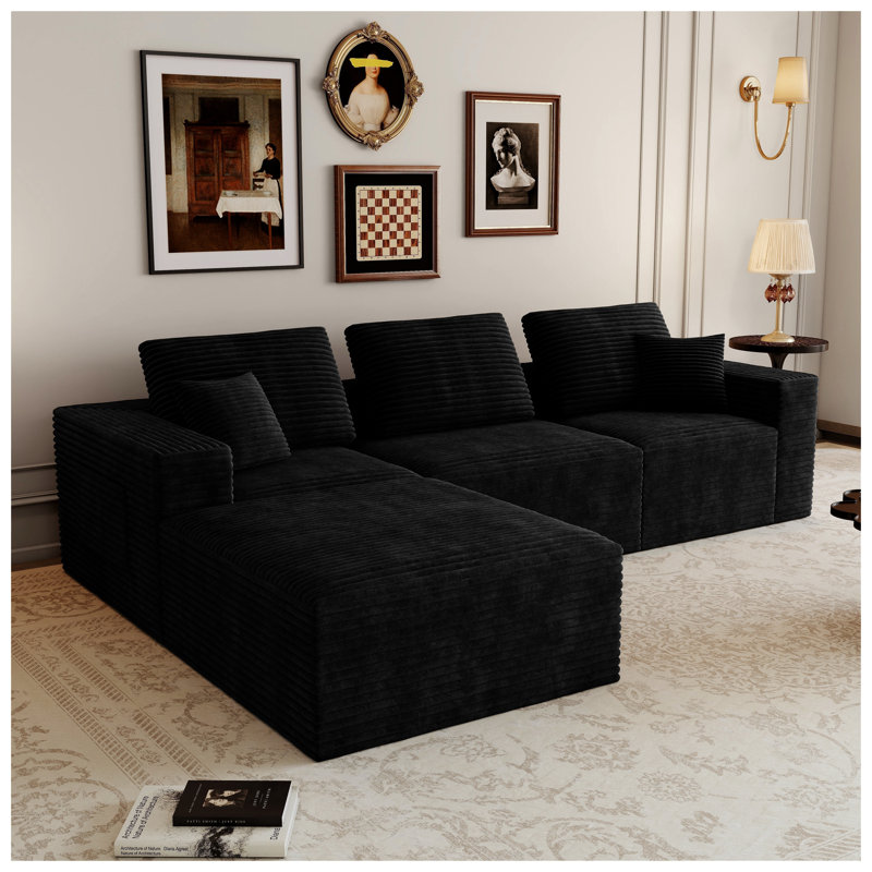 Canapé modulaire à 4 places en noir, aucun assemblage requis, canapé rembourré en mousse compacte, Black Corduroy