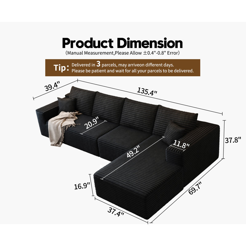 Canapé modulaire 135,4 po Cloud, Tissu velours côtelé noir, Orienté à droite