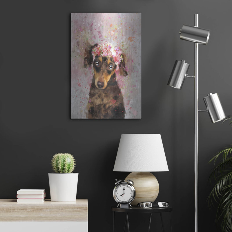 Art mural en métal luxueux «Flower Crown Dachshund» par Furbaby Affiliates, H 24 po x l 16 po