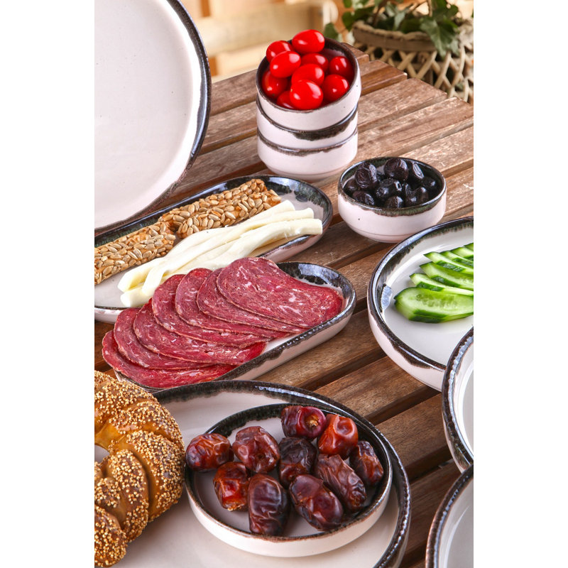 14-Piece Breakfast Set, 100% Ceramic | Includes 6 Plates (7.5 in), 2 Platters (9.8 x 4.3 x 1.4 in), 6 Bowls (4.1 x 4.1 x 1.4 in, 5.1 fl oz) | Dishwasher Safe, Elegant Design for Daily Use