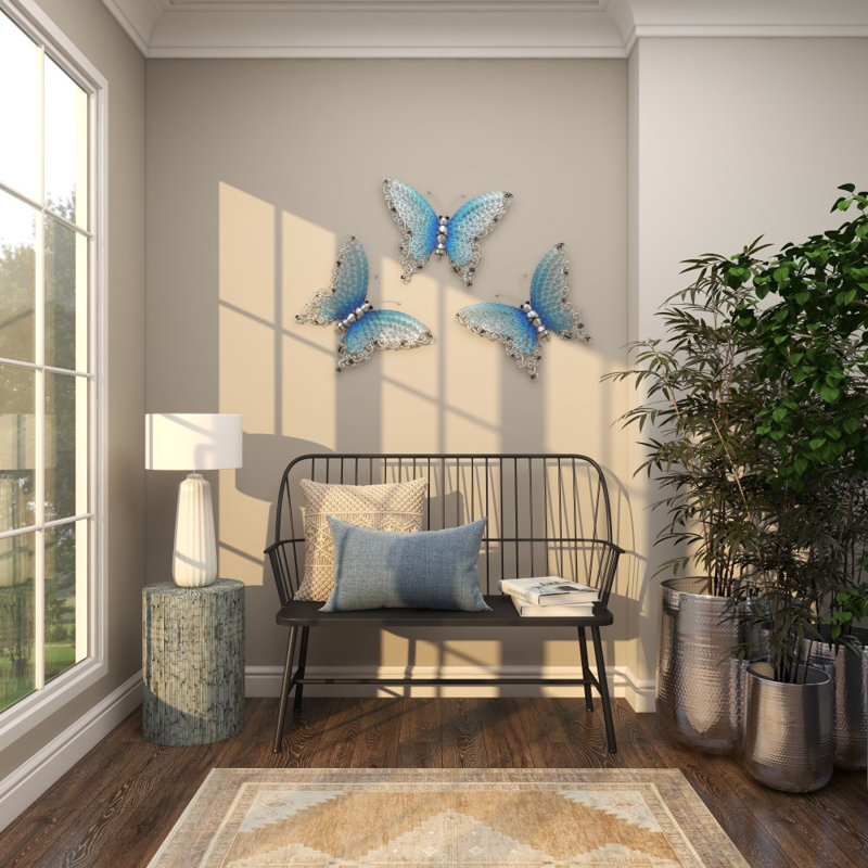Metal Indoor Outdoor Butterfly Wall Decor, Blue, 16" H x 21" W x 1" D