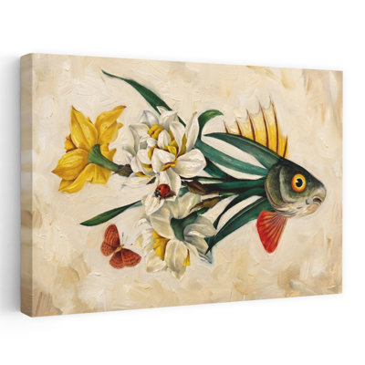 Art floral, fantaisie surréelle, fantaisiste, papillon, coccinelle, fleur de jonquille, art mural