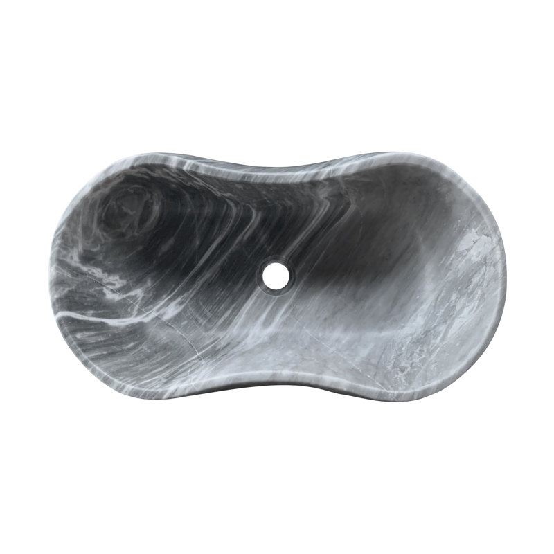 Lavabo de salle de bain en pierre naturelle grise, 600 x 360 x H 180 mm, silhouette ondulée, pré-percé pour l'installation, marbre spacieux de 23,6 pouces de profondeur, 7,1 de haut, distinctif facile à nettoyer