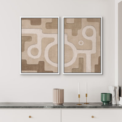 Faux ensemble de 2 reproductions d'art géométriques abstraites sur toile encadrées neutres