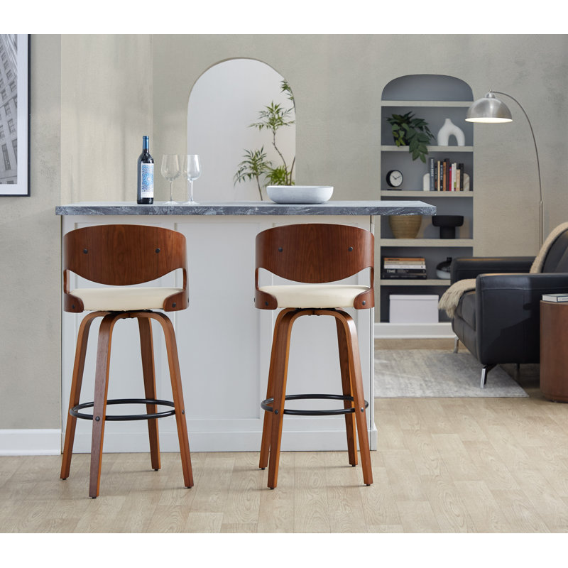 Phoebe 30" Fixed-Height Bar Stools with Bent Wood Legs & Round Footrest (Set of 2), Bar Stool (29.5" Seat Height)