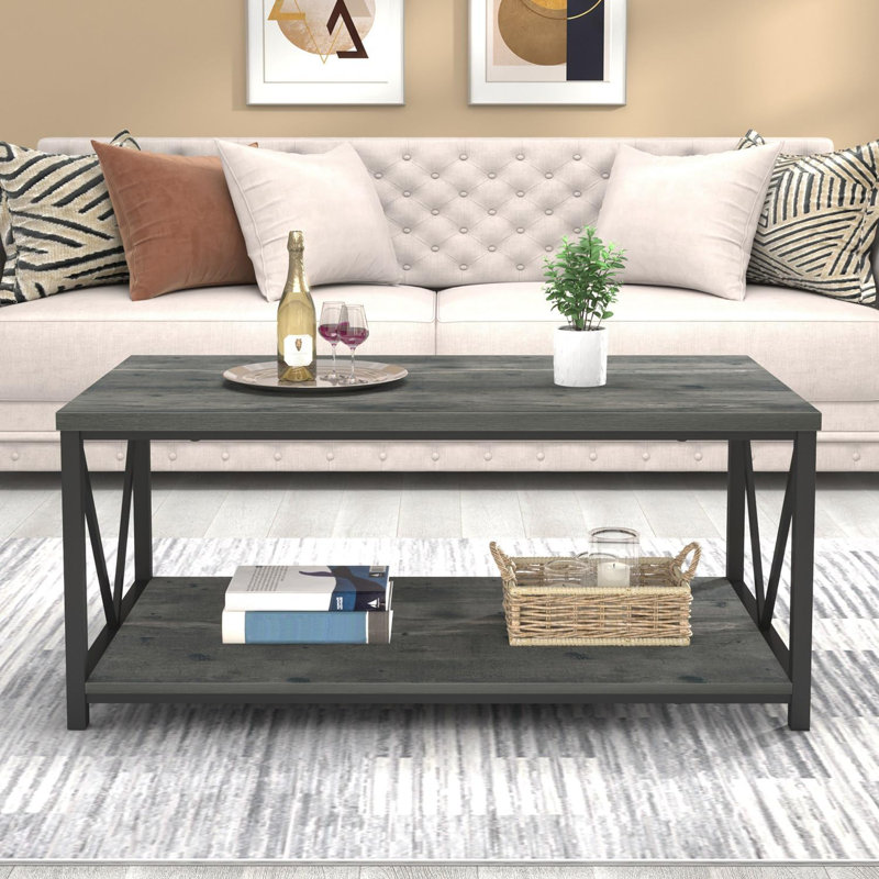 Table basse rustique, table de salon moderne avec tablette de rangement, chêne blanc, Gris