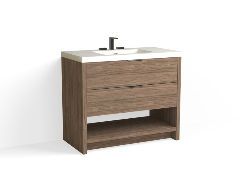 Vue 42" W Freestanding Single Bathroom Vanity, Glossy White/8" Widespread, Nimbus, Matte Black
