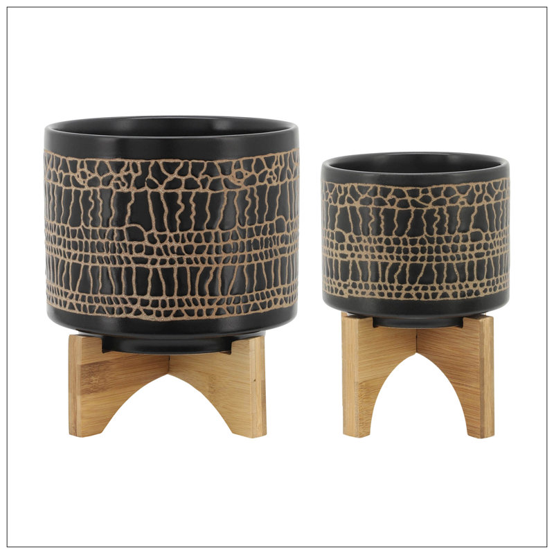 S/2 5/8" GLAZED PLANTER W/ STAND, BLACK