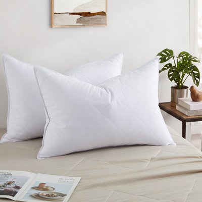Quilted Goose Feather Pillows Set of 2 – Diamond Stitch Hotel Bed Pillows with Medium Support for Side & Back Sleepers