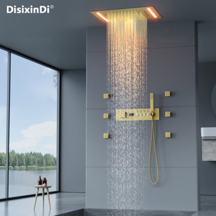 Ceiling Rain Brushed Gold LED Shower Head with Handheld Spray Thermostatic Rainfall Shower System Set and Body Jets