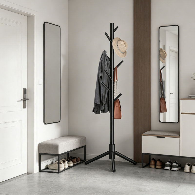 Black Freestanding Coat Rack With 8 Hooks And 3 Height Adjustable Positions. Easy To Assemble And Suitable For Various Storage Scenarios, Including Clothes, Bags, And Hats.