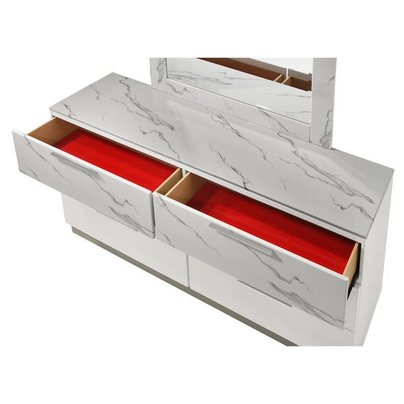 Commode - Finition bicolore très brillante en marbre et laque avec six tiroirs spacieux, intérieurs doublés de velours