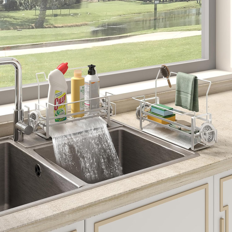 Porte-éponge en acier inoxydable pour évier de cuisine, organisateur de bac d'évier antirouille 304 avec drainage automatique, conception peu encombrante pour éponges, distributeur de savon, brosse et serviette (argent)