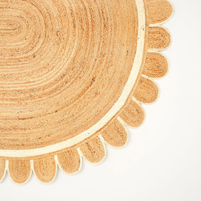 Tapis ovale en jute naturel à bords festonnés, Naturel / Blanc, 9 x 6 pi