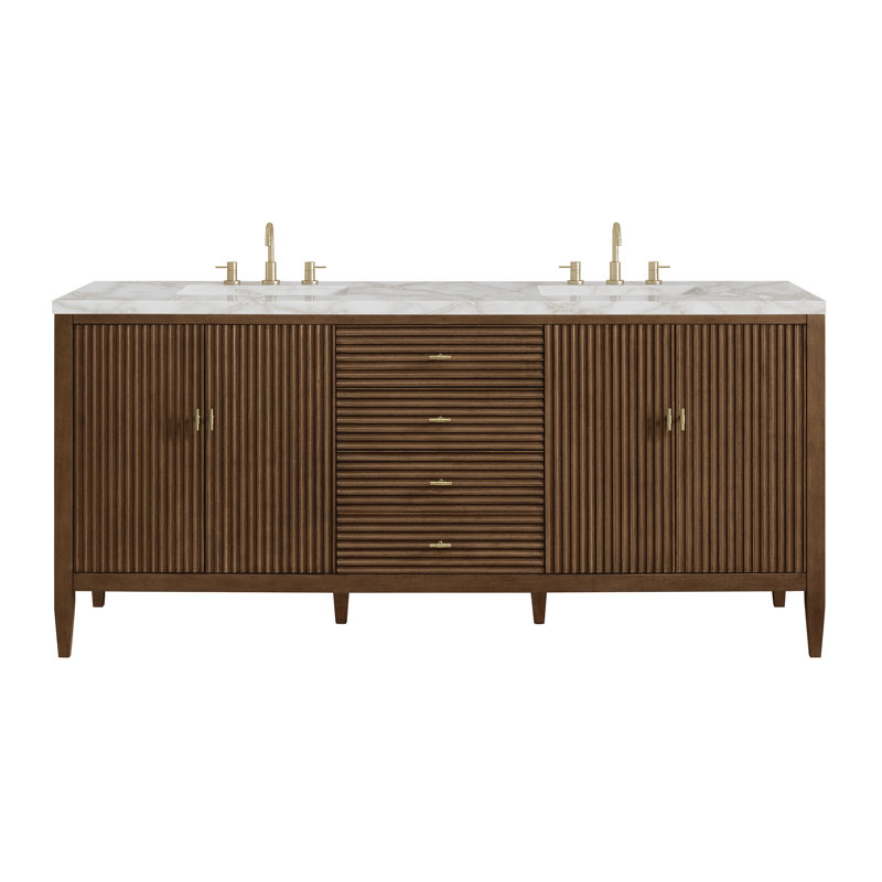 Myrrin 72'' W Double Vanity, Mid-Century Walnut, Victorian Silver Silestone, 8" Widespread