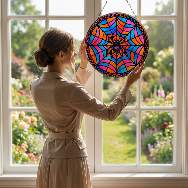 12"H Spider Web Stained Glass Window Panel