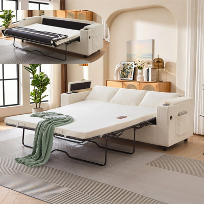 Pull Out Couch Bed, Convertible Sleeper Sofa Bed with Full-Size Mattress & USB Charging Ports, 3-Seater Corduroy Sleeper Sofa Couch with Storage Armrest for Guest Rooms, Living Room, Office