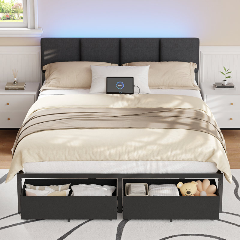 Grand lit plateforme avec lumières DEL et station de charge, tête de lit tapissier, 2 tiroirs de rangement, aucun sommier requis pour le dortoir de la chambre d'amis