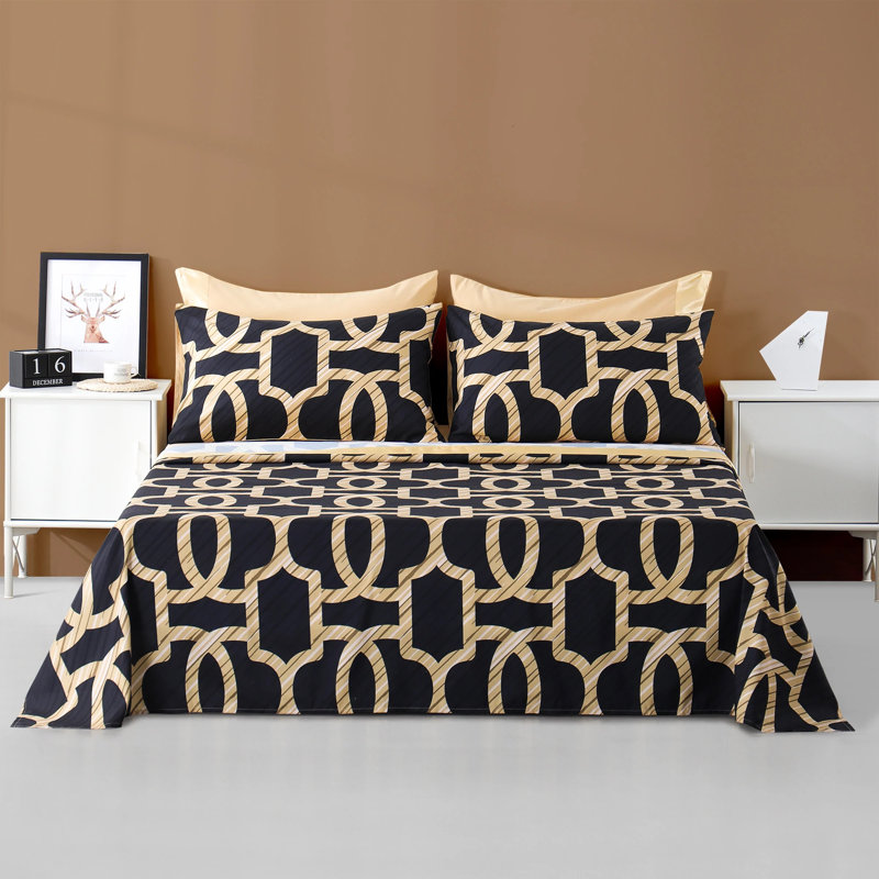Ensemble de draps 6 pièces Polycotton, Courtepointe très grand + 5 pièces supplémentai, Or noir