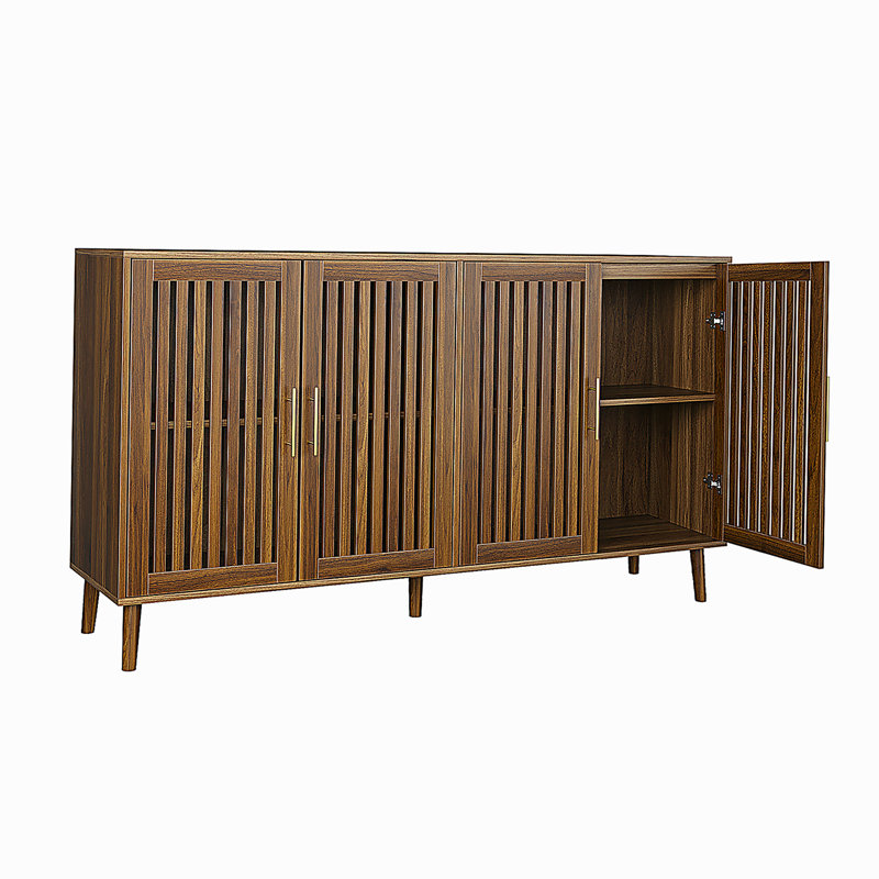63-inch Walnut Wood Edge Table Sideboard with Storage, Grated Striped 4-Door Sideboard, Multi-functional Decorative Cabinet, Suitable for Dining Room, Living Room, Entrance, Kitchen
