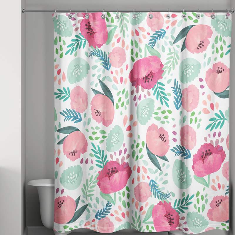 Rideau de douche simple floral Desdemona, Rose / Vert