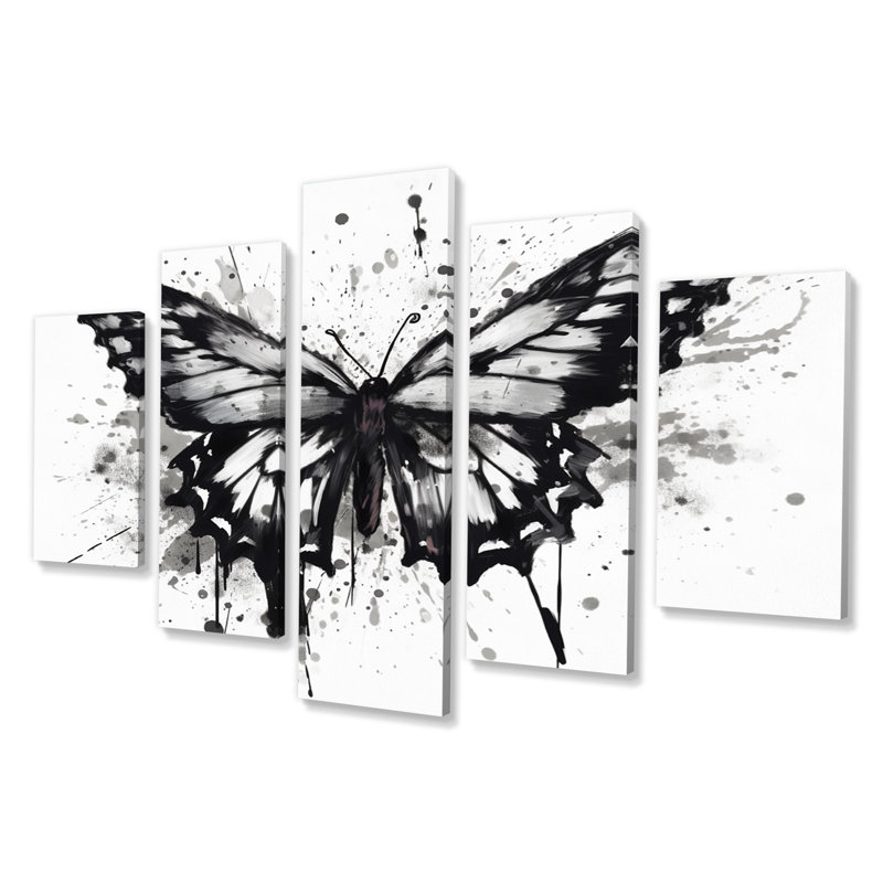 «Butterfly Portrait» en noir et blanc à l'aquarelle - Reproduction sur toile d'animaux - 5 panneaux