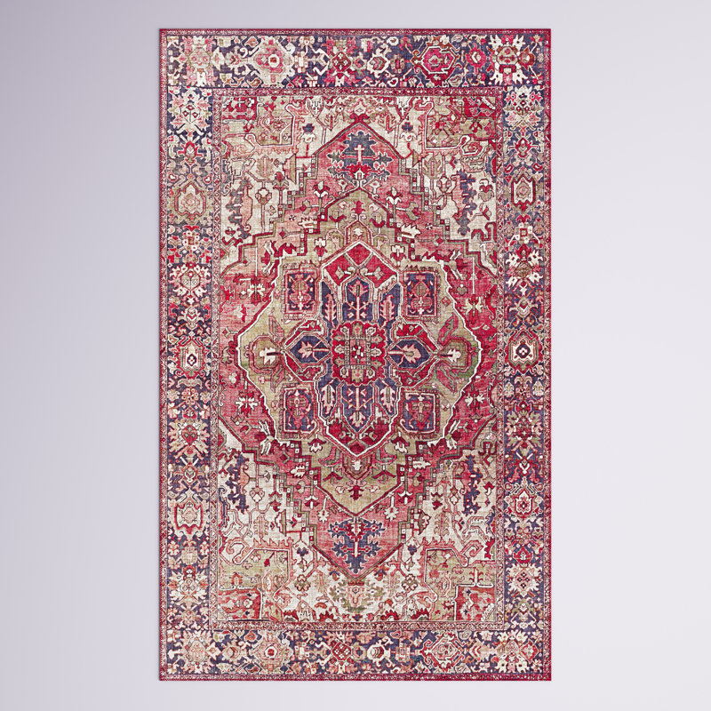 Tapis oriental tissé à la machine Albertson, Rectangle 3 pi 6 po x 5 pi 6 po, Rouge foncé
