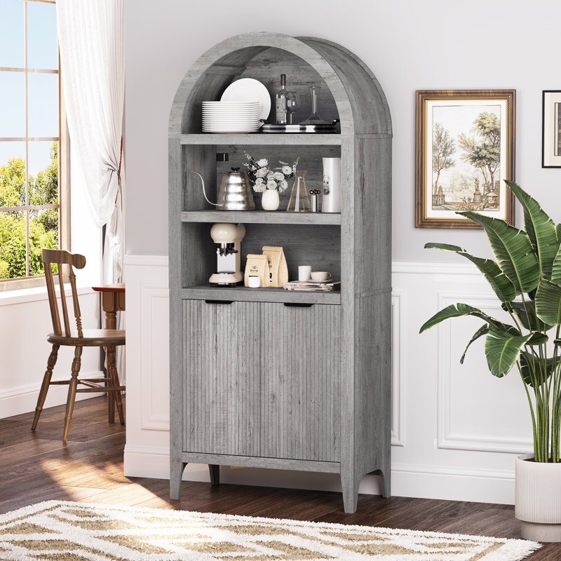 Shazier 5 Tiers 72" Arched with Fluted Doors Bookcase, Cabinet Floor Standing Bookshelf, Gray