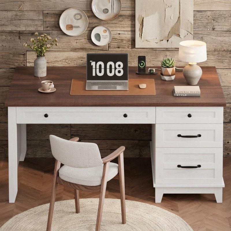Bureau de direction avec tiroirs, bureau de maison de ferme avec station de charge, bureau d'ordinateur en bois de 53,54 po avec rangement pour dossiers d'écriture