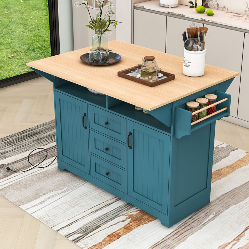 Îlot de cuisine roulant extensible avec 2 abattants, prises de courant intégrées et armoire de rangement, Vert