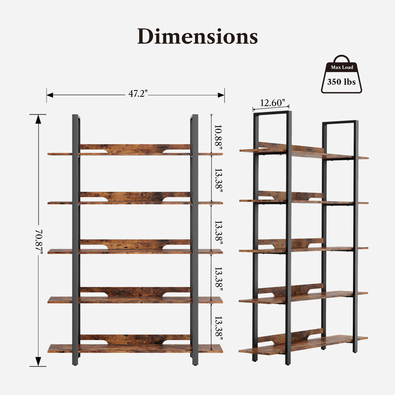 5-tier Industrial Bookshelf With Reinforced Back Baffle For Home Office, Rustic Brown